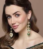 Green & gold drop earring with kundan & pearls