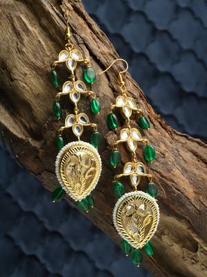 Green & gold drop earring with kundan & pearls 2