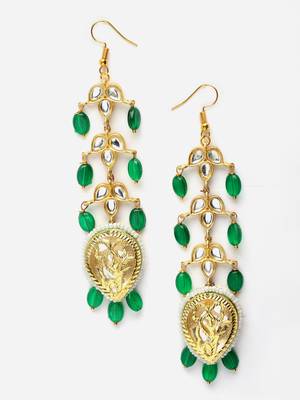 Green & gold drop earring with kundan & pearls 3