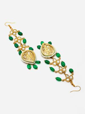 Green & gold drop earring with kundan & pearls 4