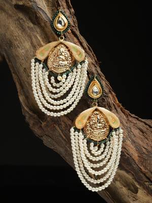 Peach & cream drop earring with kundan & pearls 2