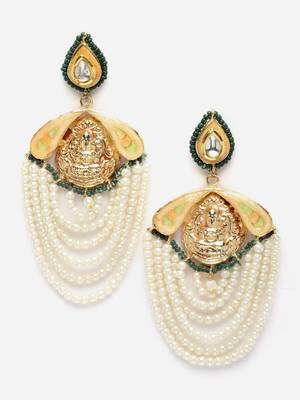 Peach & cream drop earring with kundan & pearls 3