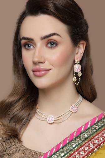 Pink & gold drop earring with kundan & pearls