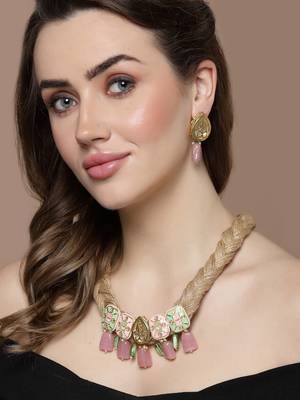 Pink & gold drop earring with kundan & natural stones 1
