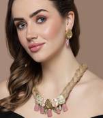Pink & gold drop earring with kundan & natural stones