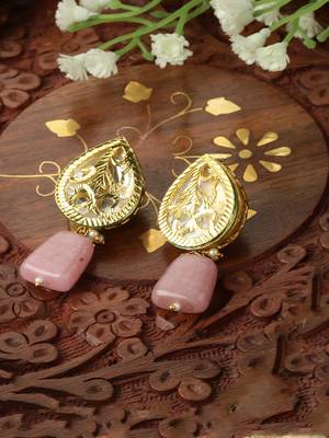 Pink & gold drop earring with kundan & natural stones 2