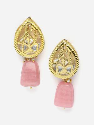 Pink & gold drop earring with kundan & natural stones 3