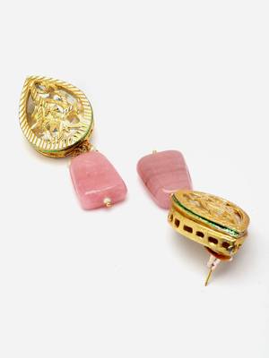 Pink & gold drop earring with kundan & natural stones 4