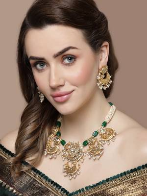 Green & gold drop earring with kundan & pearls 1