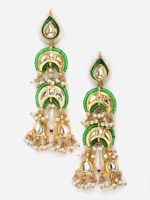 Green & gold drop earring with kundan & pearls 3