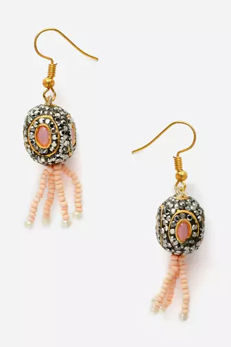 Pink & black drop earring with kundan & pearls