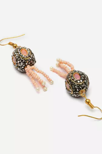Pink & black drop earring with kundan & pearls