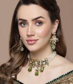 Green & gold drop earring with kundan & pearls