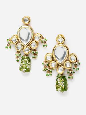Green & gold drop earring with kundan & pearls 3