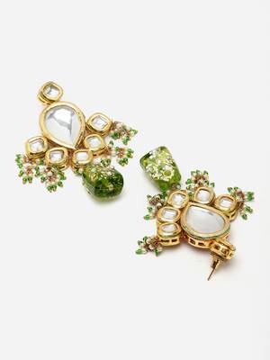 Green & gold drop earring with kundan & pearls 4