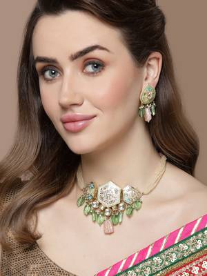 Green & pink drop earring with kundan & pearls 1