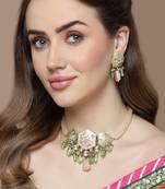 Green & pink drop earring with kundan & pearls