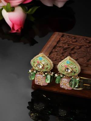 Green & pink drop earring with kundan & pearls 2
