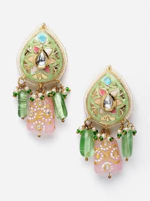 Green & pink drop earring with kundan & pearls 3