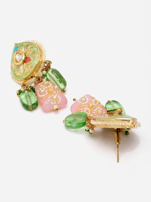 Green & pink drop earring with kundan & pearls 4