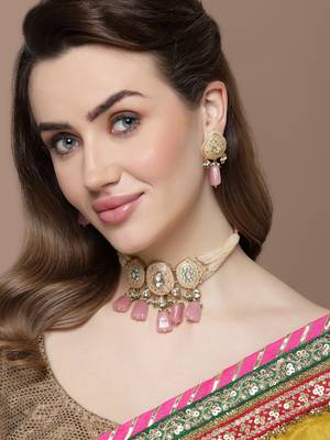 Peach & pink drop earring with kundan & pearls 1