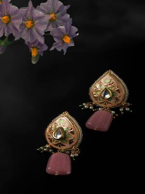 Peach & pink drop earring with kundan & pearls 2