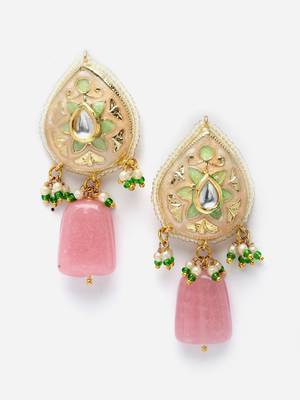 Peach & pink drop earring with kundan & pearls 3