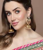 Red & pink jhumkas earring with kundan & american diamond
