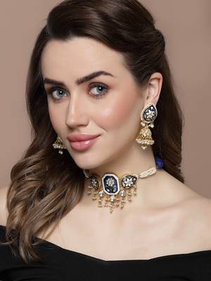 Blue & gold jhumkas earring with kundan & american diamond 1