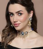 Blue & gold jhumkas earring with kundan & american diamond
