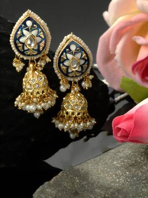 Blue & gold jhumkas earring with kundan & american diamond 2