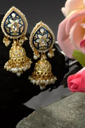 Blue & gold jhumkas earring with kundan & american diamond
