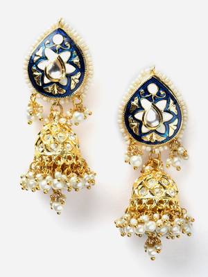 Blue & gold jhumkas earring with kundan & american diamond 3