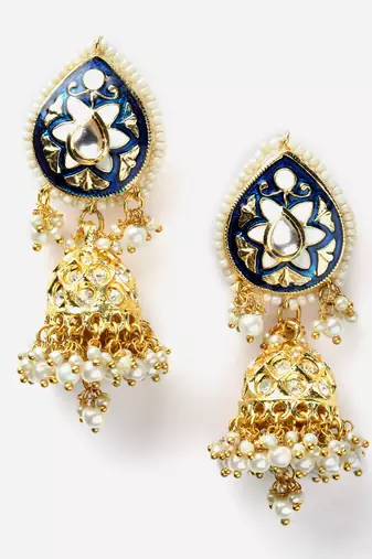 Blue & gold jhumkas earring with kundan & american diamond