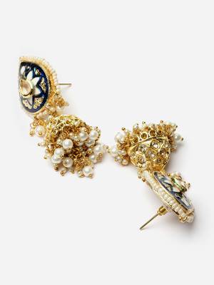 Blue & gold jhumkas earring with kundan & american diamond 4