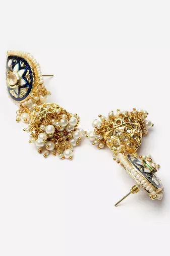 Blue & gold jhumkas earring with kundan & american diamond