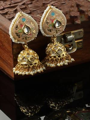 Peach & green jhumkas earring with kundan & american diamond 2