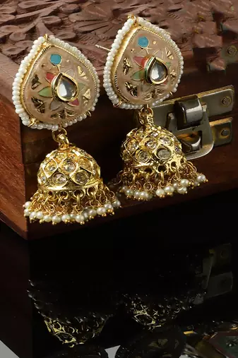 Peach & green jhumkas earring with kundan & american diamond