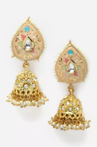 Peach & green jhumkas earring with kundan & american diamond