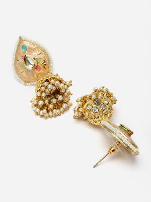Peach & green jhumkas earring with kundan & american diamond 4