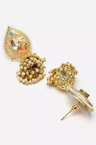 Peach & green jhumkas earring with kundan & american diamond