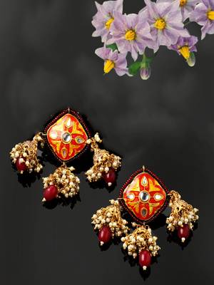Red & pink jhumkas earring with kundan & pearls 2