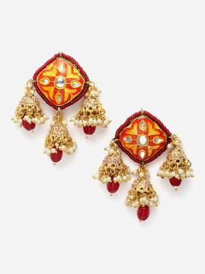 Red & pink jhumkas earring with kundan & pearls 3