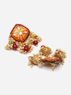 Red & pink jhumkas earring with kundan & pearls 4