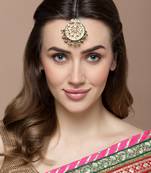 Gold & green mang tikka head jewellery with kundan & pearls