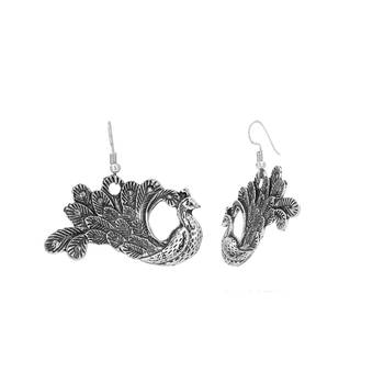 Women  silver oxidised dancing peacock drop earring 2