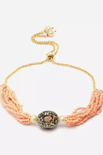 Peach & black adjustable bracelet with kundan & american diamond