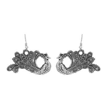 Women  silver oxidised dancing peacock drop earring 3