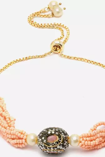 Peach & black adjustable bracelet with kundan & american diamond