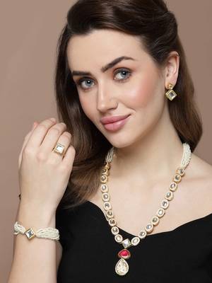 Gold & white adjustable ring with kundan & natural stones 1